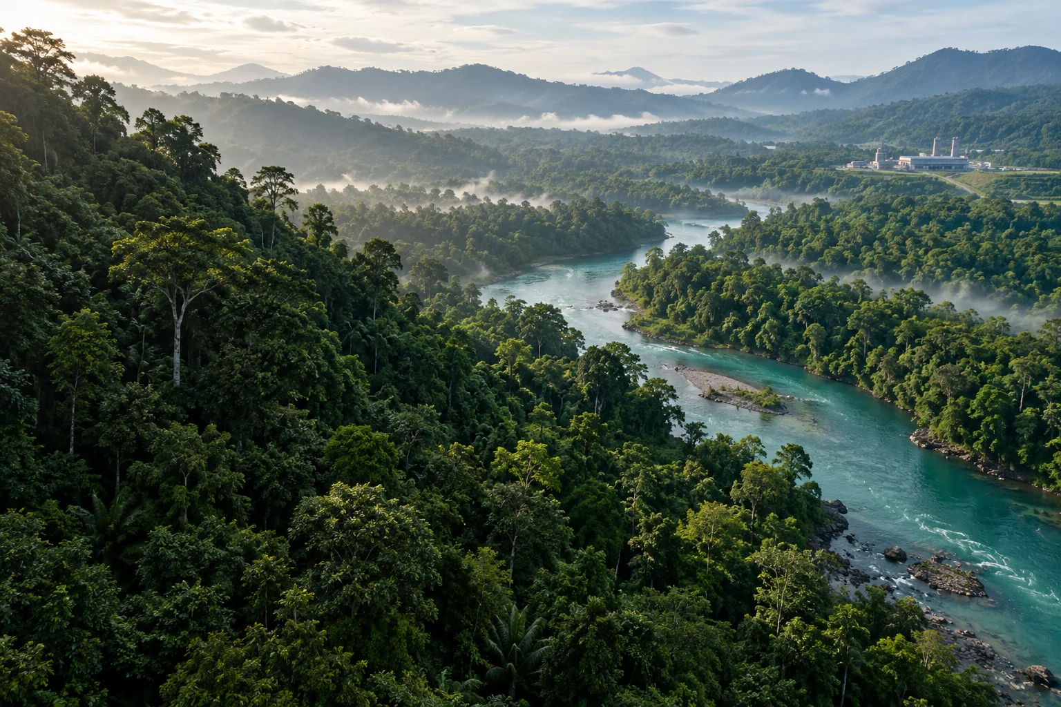 Ilustrasi hutan tropis dan sungai biru dengan kawasan usaha yang terintegrasi